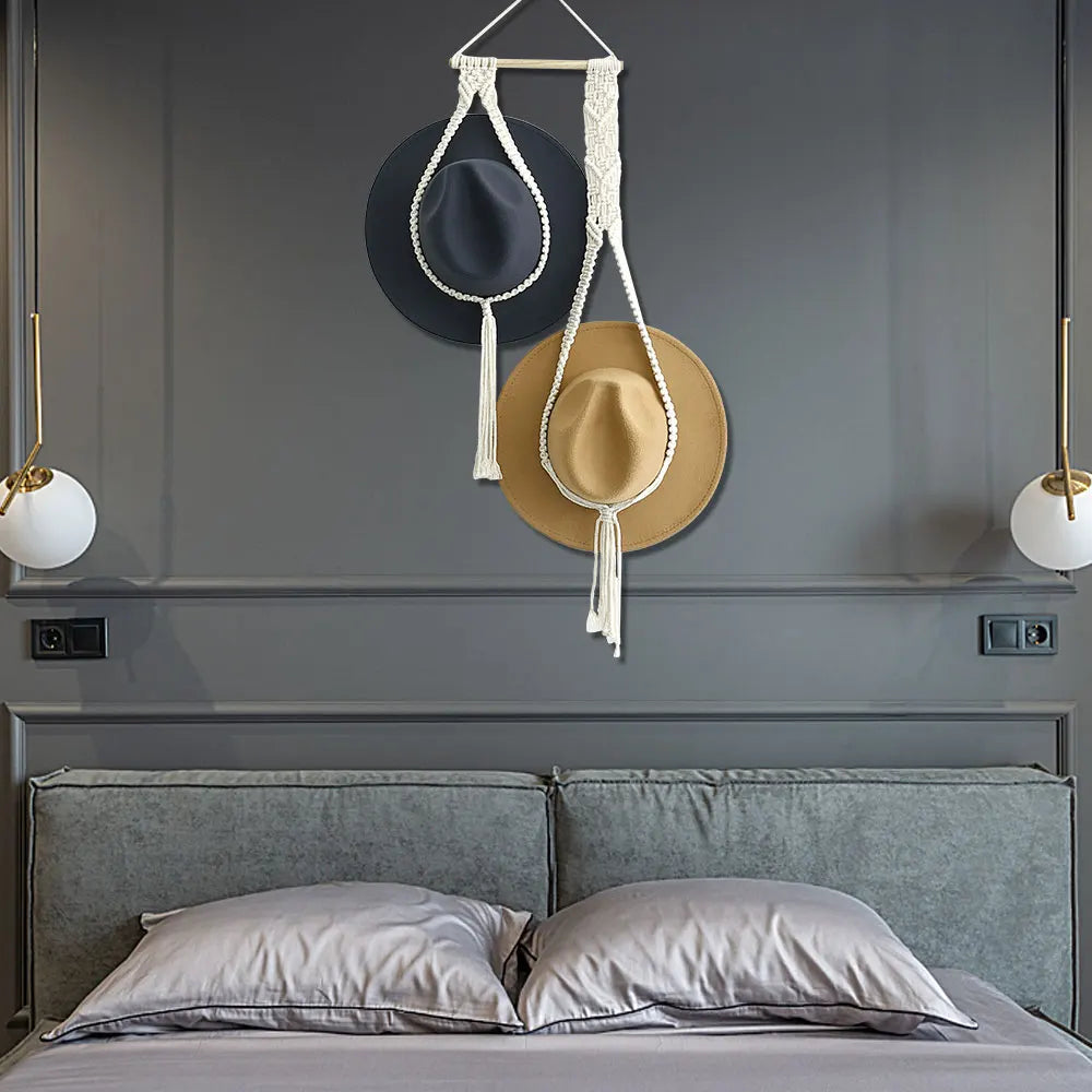 Nordic Style Boho Cotton Hanging Hat Organizer Display Rack Storage Cap Holder Scarf Hanger Macrame Tapestry Wall Decor